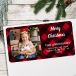 Custom Photo Red Buffalo Plaid Merry Christmas Label<br><div class="desc">Add the finishing touch to your envelopes, mailings and stationary with these Merry Christmas red buffalo plaid custom photo return address labels. Customize these holiday address labels with your favorite photo, dog photo, family photo or pet photo, name, and address. These simple photo return address labels are elegant and trendy....</div>
