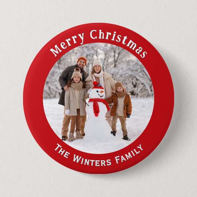 Custom Photo Red Christmas Holiday Keepsake Name Button (Front)