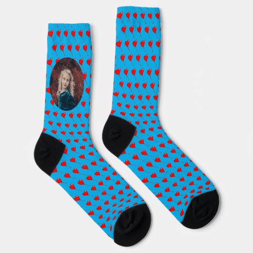 Custom Photo Red Heart Balloon Pattern Blue Crew Socks