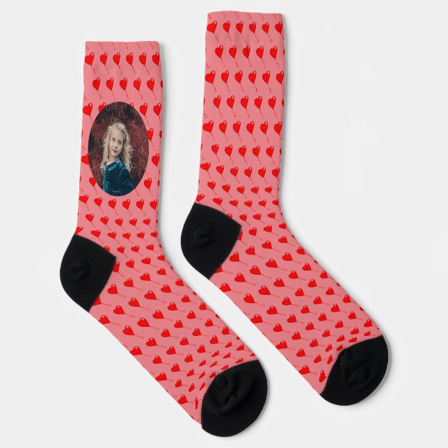 Custom Photo Red Heart Balloon Pattern Pink Crew Socks (Right)