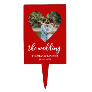 Custom Photo Red Heart Frame Modern Calligraphy Cake Topper