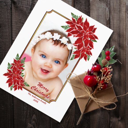 Custom Photo Red Poinsettia White Christmas Holiday Postcard
