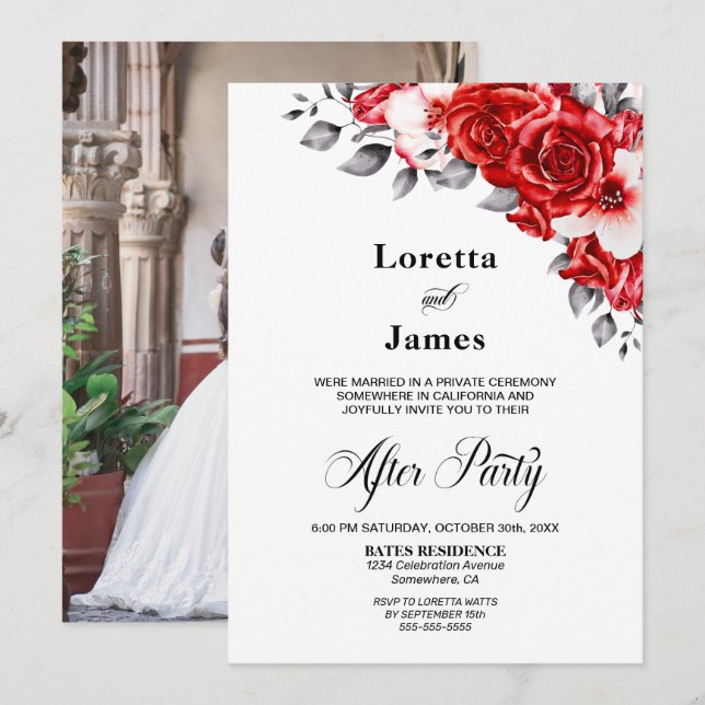 Custom Photo Red Rose Floral Wedding Reception Invitation (Front/Back)