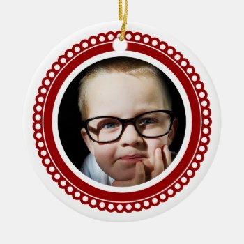 Custom Photo Red Scalloped Circle Ornament by UniqueChristmasGifts at Zazzle
