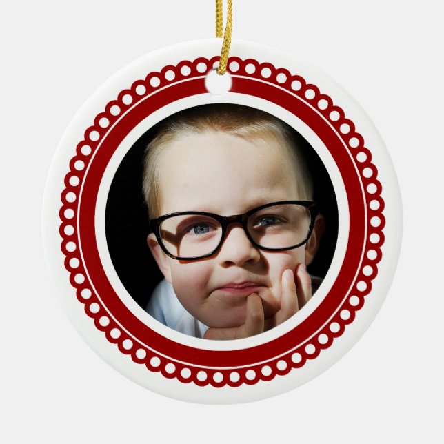 Custom Photo Red Scalloped Circle Ornament (Front)