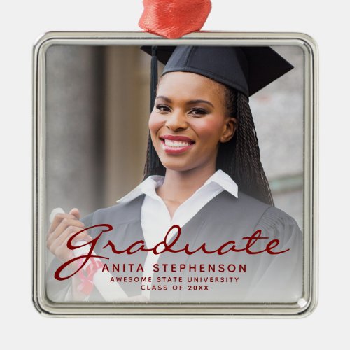 Custom Photo Red Script Graduation Keepsake Metal Ornament