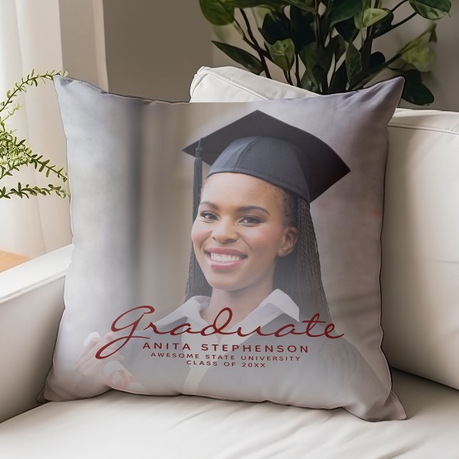 Custom Photo Red Script Graduation Keepsake Throw Pillow (Creator Uploaded)