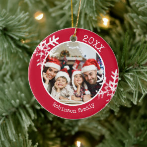 Custom Photo Red Snowflake Circle Ornament