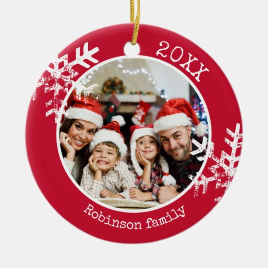 Custom Photo Red Snowflake Circle Ornament