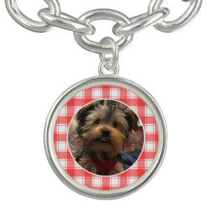 Custom Photo Red & White Country Farmhouse Plaid Bracelet
