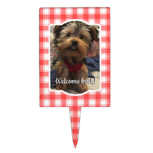 Custom Photo Red & White Country Farmhouse Plaid Cake Topper