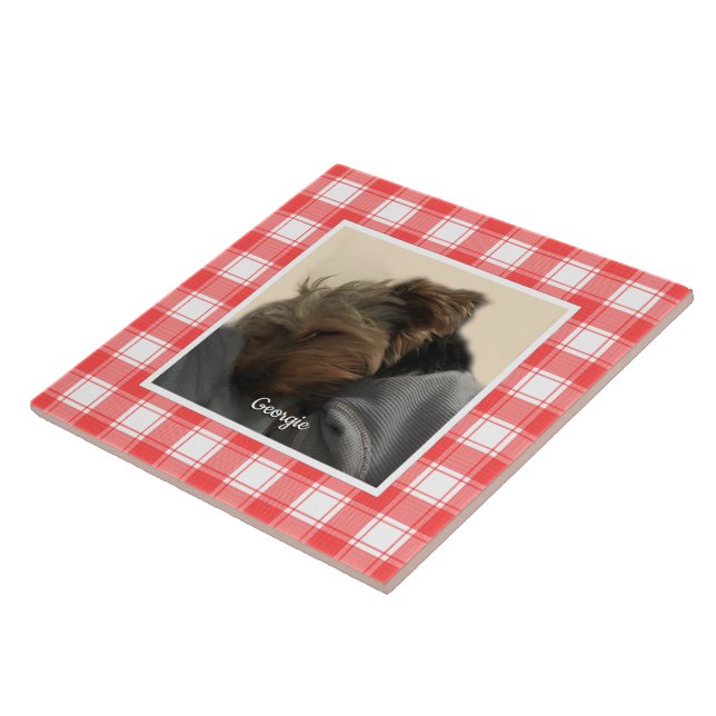 Custom Photo Red & White Country Farmhouse Plaid Ceramic Tile (Side)