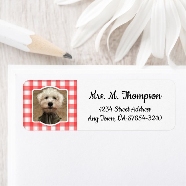 Custom Photo Red & White Country Farmhouse Plaid Label (Insitu)