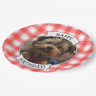 Custom Photo Red & White Country Farmhouse Plaid Paper Plates
