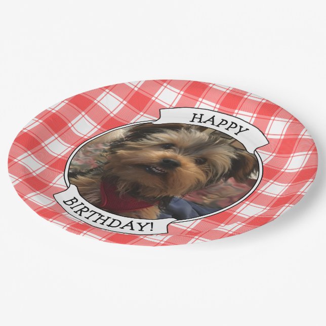 Custom Photo Red & White Country Farmhouse Plaid Paper Plates (Angled)
