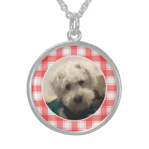 Custom Photo Red & White Country Farmhouse Plaid Sterling Silver Necklace