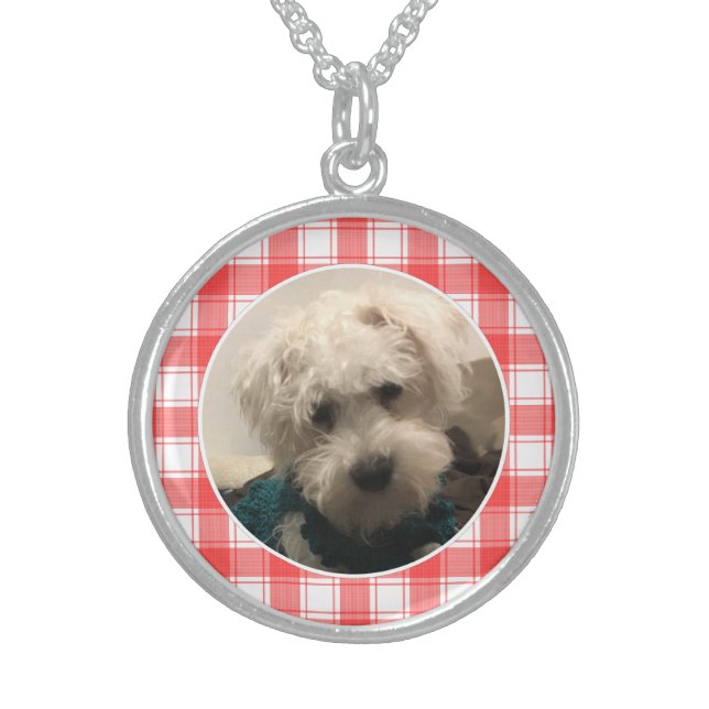 Custom Photo Red & White Country Farmhouse Plaid Sterling Silver Necklace (Front)