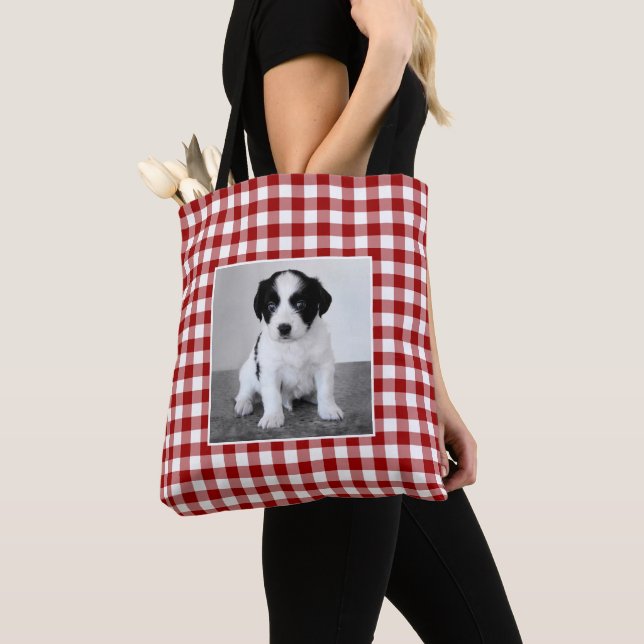Custom Photo Red White Gingham Pattern Tote Bag (Close Up)