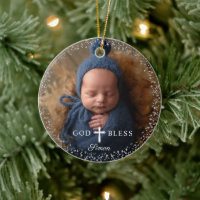 Custom Photo Religious Baptism Navy Blue Silver