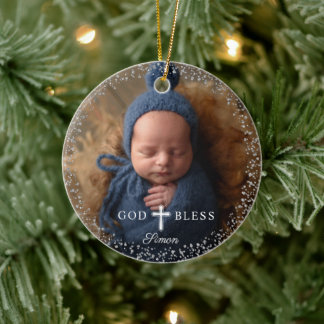 Custom Photo Religious Baptism Navy Blue Silver Ceramic Ornament