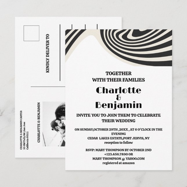 Custom Photo Retro Black & White 70s Wedding  Invitation Postcard (Front/Back)