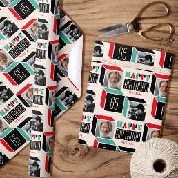 Custom Photo Retro Cube Birthday Red Green Wrapping Paper