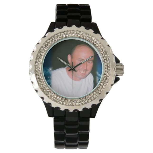 Custom Photo Rhinestone Black Enamel Watch (Front)