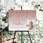 Custom Photo Rose Gold 80th Birthday Welcome Foam Board<br><div class="desc">Welcome guests with this chic, glamorous 80th birthday party photo sign, featuring a sparkly rose gold faux glitter drip border and rose gold ombre background. Easily replace the sample image with a photo of the guest of honor. Personalize it with her name in rose handwriting script, with the birthday and...</div>