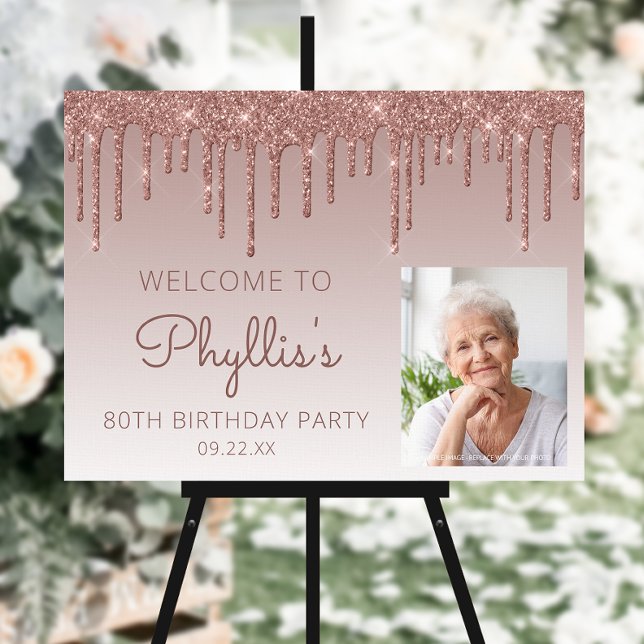 Custom Photo Rose Gold 80th Birthday Welcome Foam Board (Creator Uploaded)