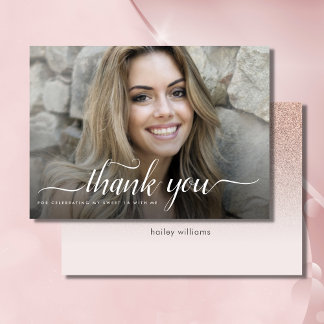 Custom Photo Rose Gold Faux Glitter Pink Sweet 16 Thank You Card