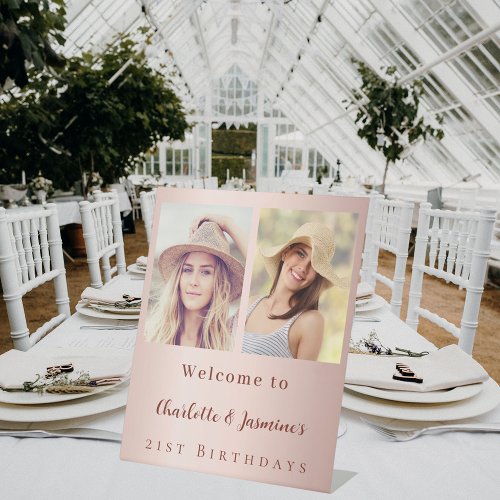 Custom photo rose gold friends birthday welcome pedestal sign