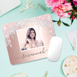 Custom photo rose gold glitter blush pink silver mouse pad<br><div class="desc">A chic rose gold faux metallic, foil looking background decorated with blush pink faux silver glitter drips, paint dripping look. Personalize and add your name written with large trendy hand lettered style script with swashes. Gray letters. To keep the swashes only delete the sample name, leave the spaces or emoji's...</div>