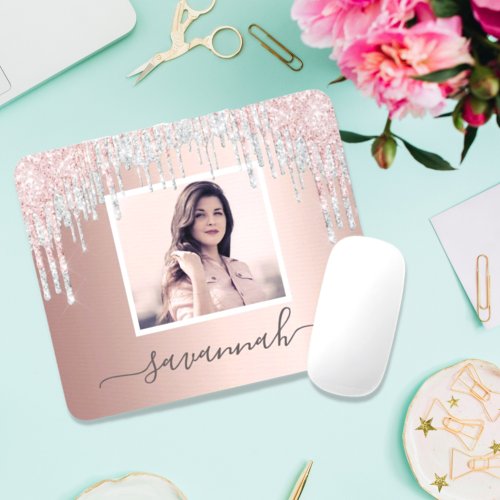 Custom photo rose gold glitter blush pink silver mouse pad