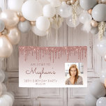 Custom Photo Rose Gold Glitter Drip 30th Birthday Banner<br><div class="desc">Welcome guests with this chic, glamorous thirtieth birthday party photo banner, featuring a sparkly rose gold faux glitter drip border and rose gold ombre background. Easily replace the sample image with a photo of the guest of honor. Personalize it with her name in rose handwriting script, with the birthday and...</div>