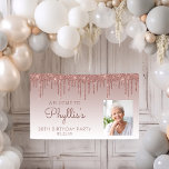 Custom Photo Rose Gold Glitter Drip 80th Birthday Banner<br><div class="desc">Welcome guests with this chic, glamorous 80th birthday party photo banner, featuring a sparkly rose gold faux glitter drip border and rose gold ombre background. Easily replace the sample image with a photo of the guest of honor. Personalize it with her name in rose handwriting script, with the birthday and...</div>