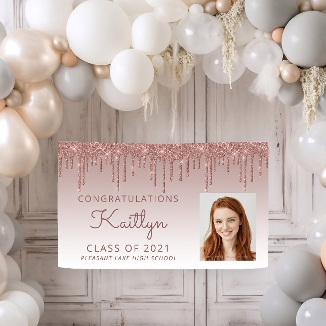 Custom Photo Rose Gold Glitter Drip Graduation Banner (Creator Uploaded)