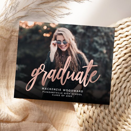 Custom Photo Rose Gold Script Grad Announcement