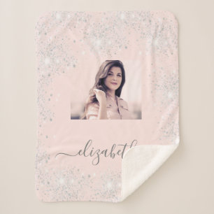 Custom photo rose gold silver glitter pink name sherpa blanket