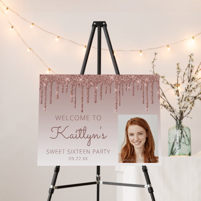 Custom Photo Rose Gold Sweet 16 Party Welcome Foam Board (In Situ (Stand))