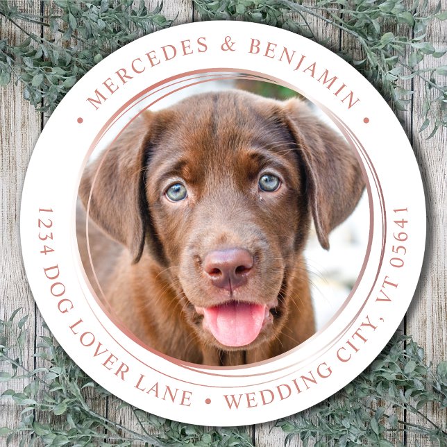 Custom Photo Rose Gold Wedding Return Address Classic Round Sticker (Creator Uploaded)