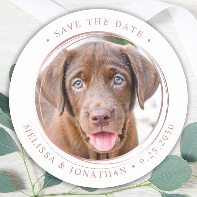 Custom Photo Rose Gold Wedding Save The Date Classic Round Sticker (Creator Uploaded)
