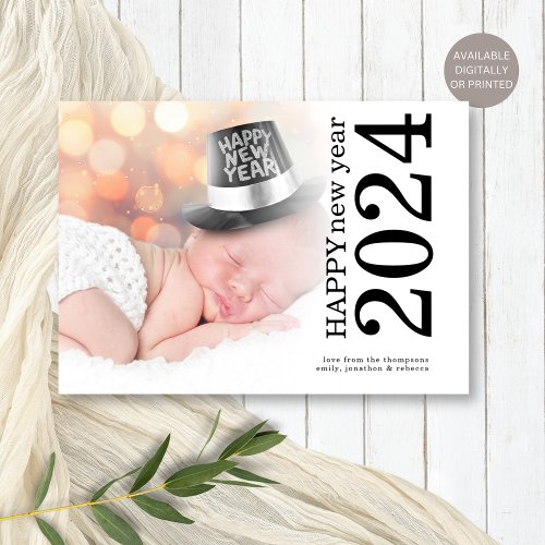 Custom Photo Rotated Text Happy New Year 2024  Holiday Card