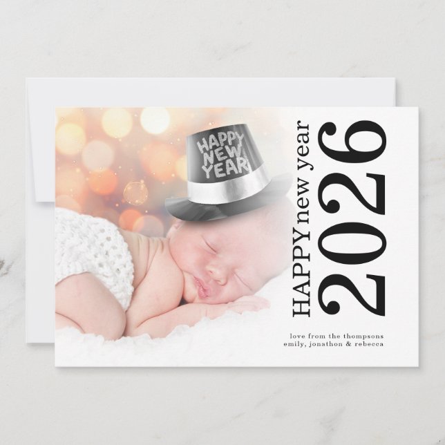 Custom Photo Rotated Text Happy New Year 2026 Holiday Card (Front)