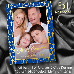 Custom photo royal blue cross Christmas elegant Foil Holiday Postcard
