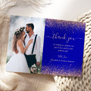 Custom Photo Royal Blue Rose Gold Glitter Wedding Thank You Card