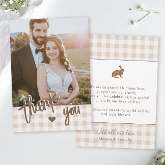 Custom Photo Rustic Beige Gingham And Hare Wedding Thank You Card