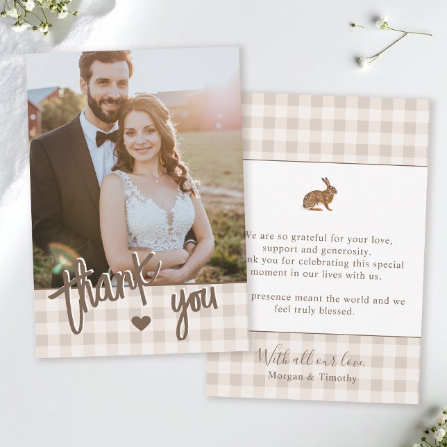 Custom Photo Rustic Beige Gingham And Hare Wedding Thank You Card (Creator Uploaded)