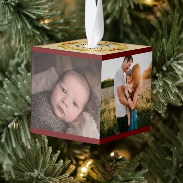 Custom photo rustic family cube ornament (Tree)