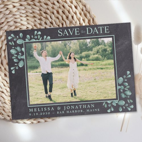 Custom Photo Rustic Wedding Chalkboard Greenery Save The Date