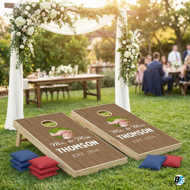 Custom Photo Rustic Wood Mr. & Mrs. Wedding Cornhole Set (Creator Uploaded)